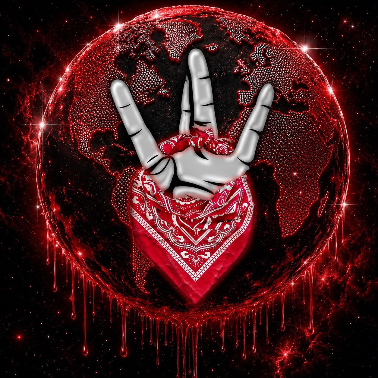 Emblema WHIGGA: mano che forma una W con bandana rossa davanti a un globo rosso che cola