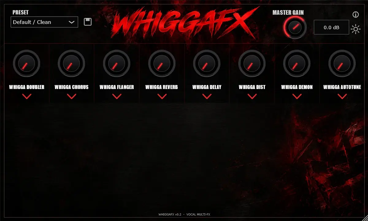 Interfaccia reale di WHIGGAFX v0.2: selettore preset, logo rosso, Master Gain e otto manopole per Doubler, Chorus, Flanger, Reverb, Delay, Dist, Demon e Autotune